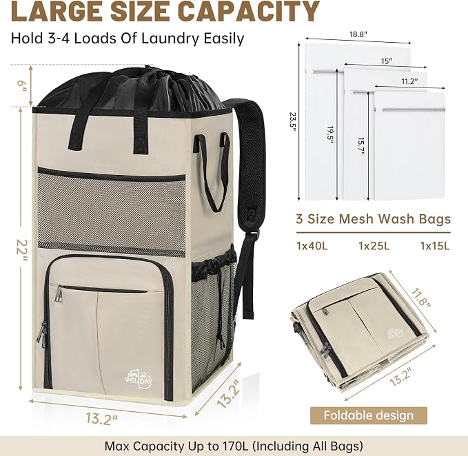Large Laundry Backpack Bag with 3 Sizes Mesh Wash Bags Total 170L | 2 in 1 Laundry Hamper Basket with Shoulder Straps, Freestanding Laundry Bag for College Dorm, Laundromat, Apartment - Image 3