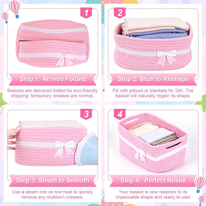 10 Pack Empty Gift Baskets, 12x8x5 Small Pink Woven Cotton Rope Baskets with Gift Bags & Ribbons, Decorative Baby Shower Hamper, Nursery Storage Basket with Handles for Shelves - Image 7