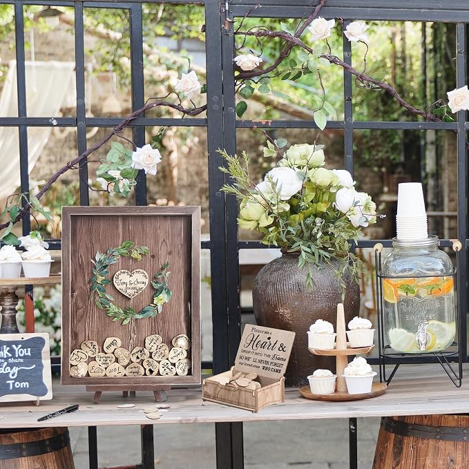 Y&K Homish Wedding Guest Book, Guest Book Alternative Favors with 80 Hearts & Green Wreath, Wedding Decorations for Reception(Rustic Brown) - Image 3