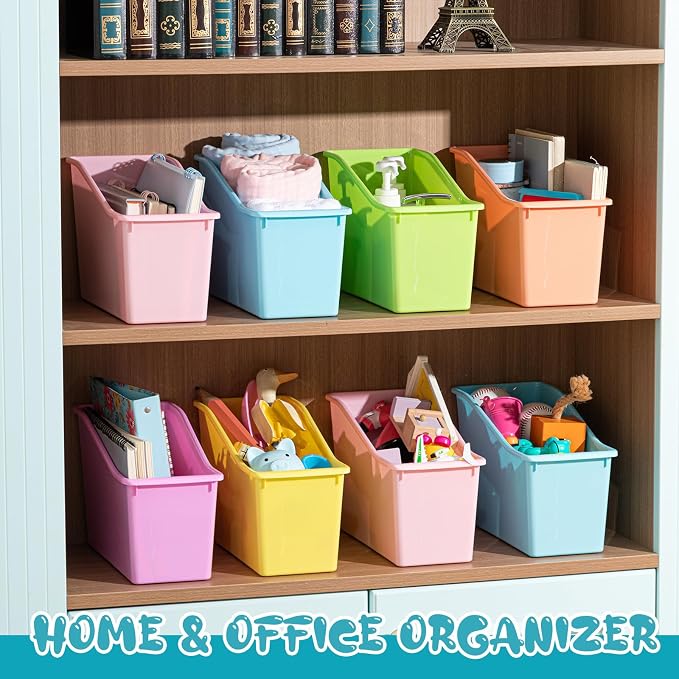 Geetery 24 Pcs Book Bin for Classroom with Labels Stackable Plastic Organizing Bins 11.5 x 5.4 x 7.5 in Book Holders Storage Bins Box Baskets for Classroom Library Home (Pastel Color) - Image 3