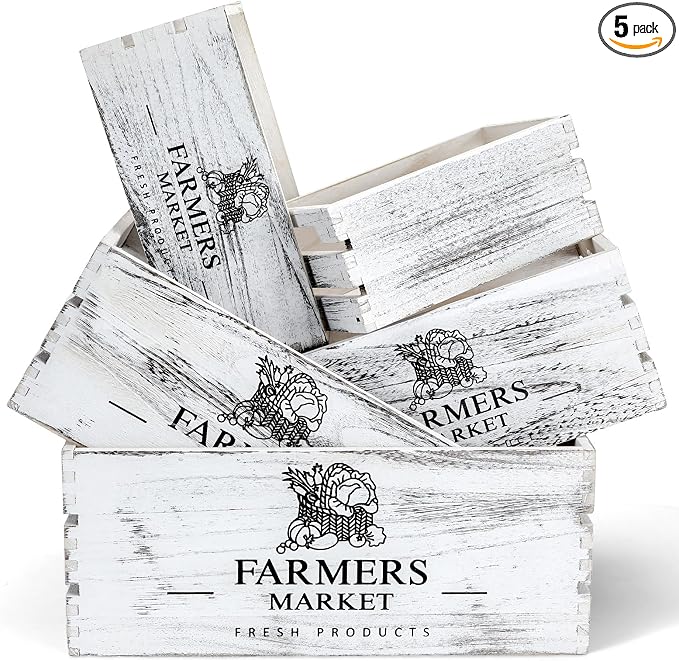 Barydat Set of 5 Wood Crates for Display Decorative Nesting Wooden Crate Storage with Handles Vintage Farmhouse Style Decorative Boxes Multipurpose Fruits Vegetables Boxes (Rustic White,Elegant) by home