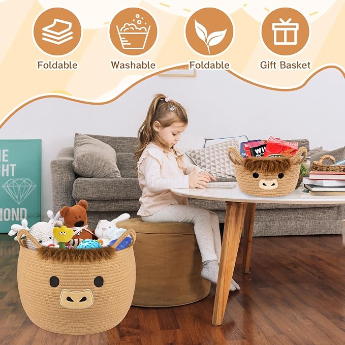 Highland Cute Cow Basket Set for Nursery, Woven Storage Cotton Rope Basket, Baby Blanket 0rganizer with Ears Handles, Blanket Towel Decor Toy Clothes Gifts Storage Cat Dog Bin, Pack of 2 - Image 3