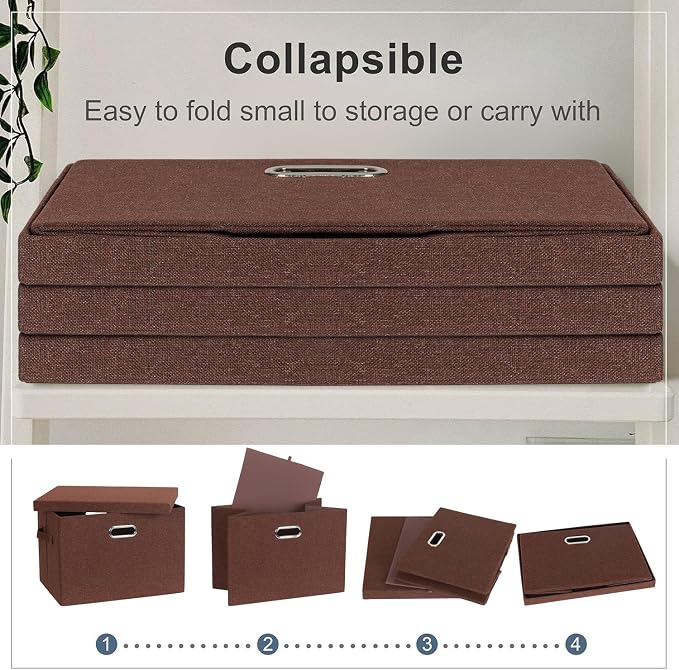 Storage Bins with Lids Fabric Closet Organizers Cubes Office Organization | 36 Quart 3 Pack Dark Red Collapsible Stackable Linen Fabric 4 Handles Bedroom Closet Cabinet Under Bed Clothes Toy Office - Image 4
