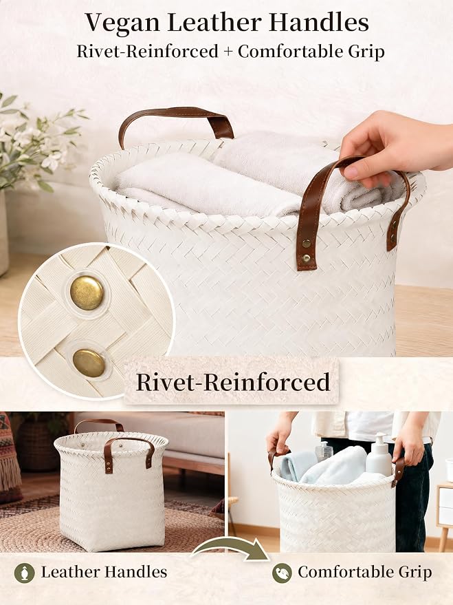 Wicker Storage Baskets, 4 Pack Woven Baskets for Shelves, White | PP Rattan, Water-resistant Wicker Basket, Large Baskets with Faux Leather Handles for Blanket, Laundry Organizer, Room Decor - Image 5