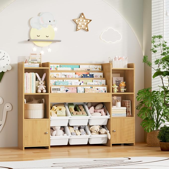 Toy Storage Organizer with 6 Toy Bins & 4 Tier Kids Bookshelf | Toy Organizer with 6 Cubbies, Kids Toy Organizers and Toy Storage with Bins, Playroom Storage and Toy Chest - Image 8