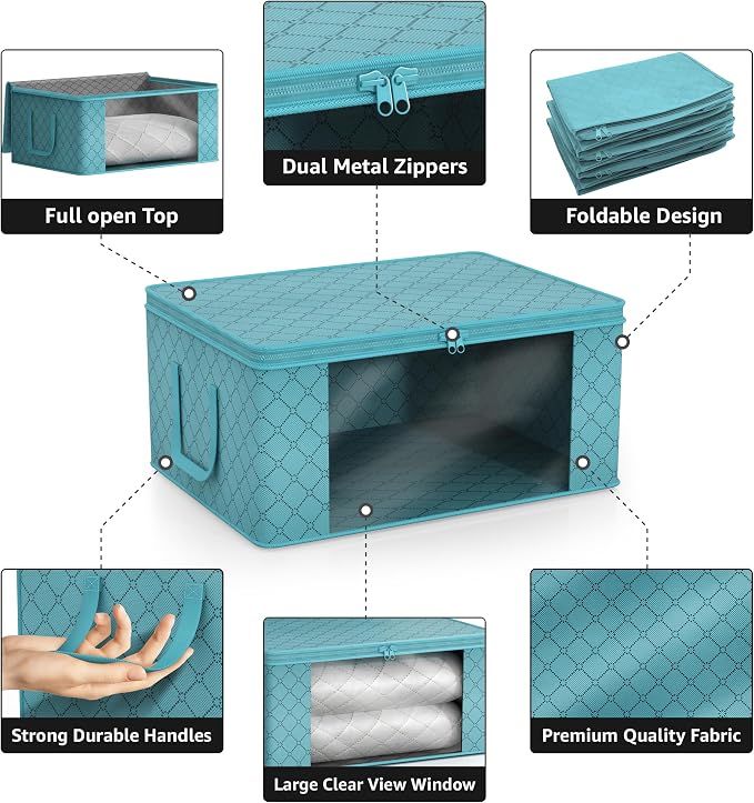 Sorbus Medium Clothes Storage Bags - Foldable Blanket Storage Bins for Organizing Bedroom, Closet, Clothing, Comforter, Organization with Clear Window, Lids and Carry Handles - Set of 6 - Image 5