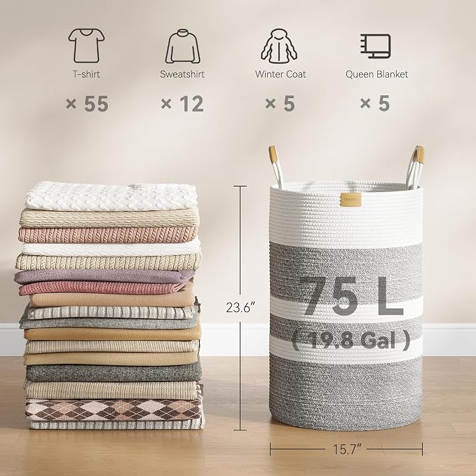 Nunsino 75L Striped Laundry Hamper with Leather Handles,Large Foldable Laundry Basket for Clothes,Cotton Rope Storage Bin for Blankets,Woven Clothes Basket for Bedroom,Gray Stripes - Image 4