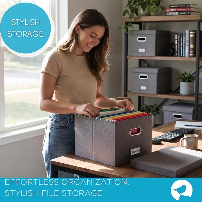 Internet's Best Collapsible File Box Storage Organizer with Lid - Decorative Linen Filing & Storage Office Boxes – Hanging Letter/Legal Folder – Home Office Bins Cabinet – Grey Container - 1 Pack - Image 2