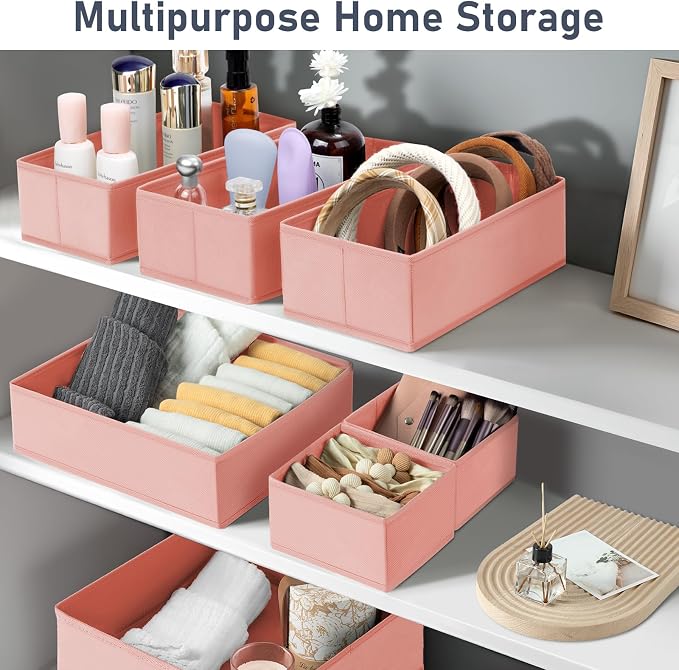DIMJ Drawer Organiser System Drawer Organiser - Pack of 12 Storage Box Fabric Foldable Underwear Wardrobe Organiser for Clothes, Socks, Ties, Pink - Image 3