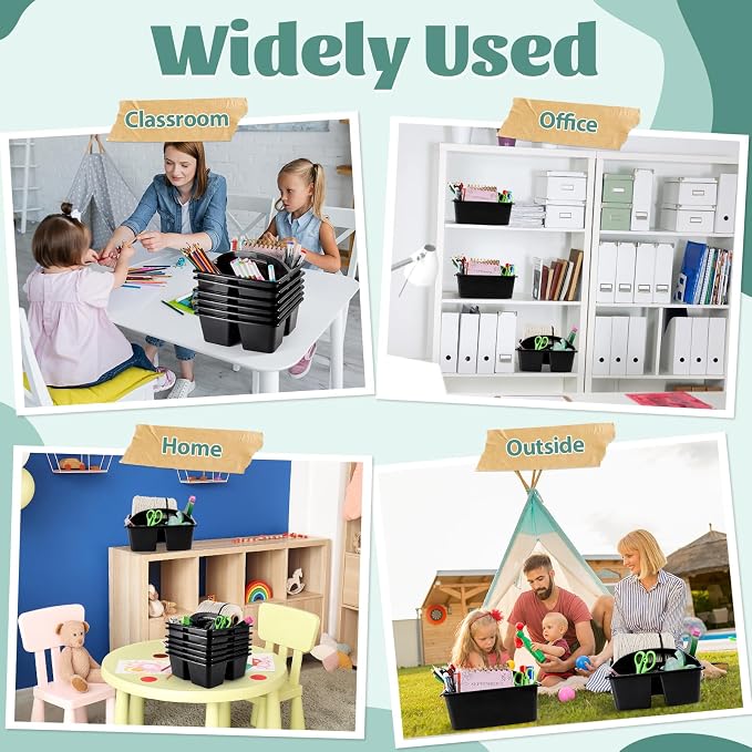 6 Pack Classroom Caddy with Handle Plastic Storage Caddy Organizer with 3 Compartments Desk Caddies Holder Portable Storage Bin for Pencil, Crayon, Marker, Home, Office, School Supplies(Black) - Image 6