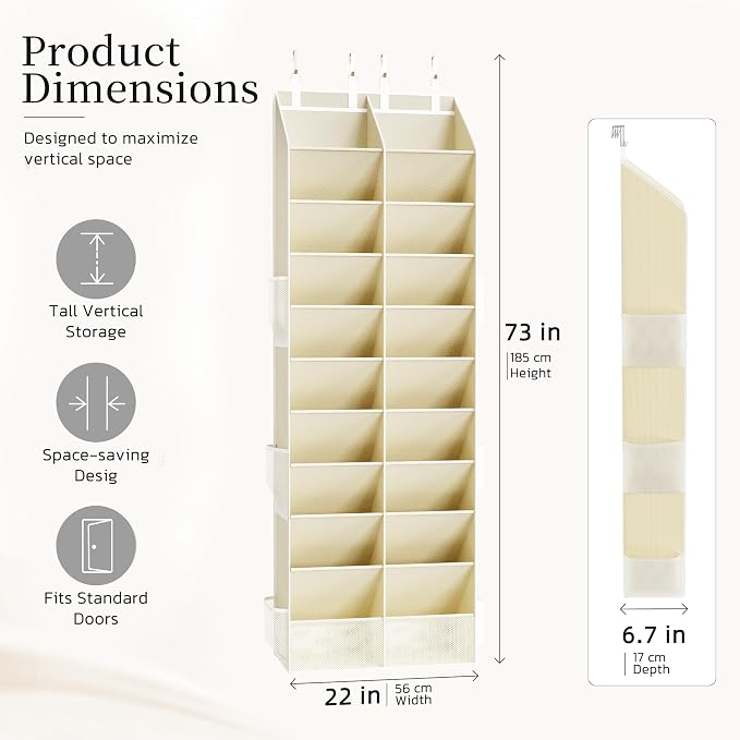 Over the Door Shoe Organizer, 20-30 Pairs Heavy-Duty Hanging Shoe Storage with Large Pockets, 10-Tier Door Shoe Rack with 4 Hooks for Sneakers Sandals Heels Boots (Beige) - Image 3