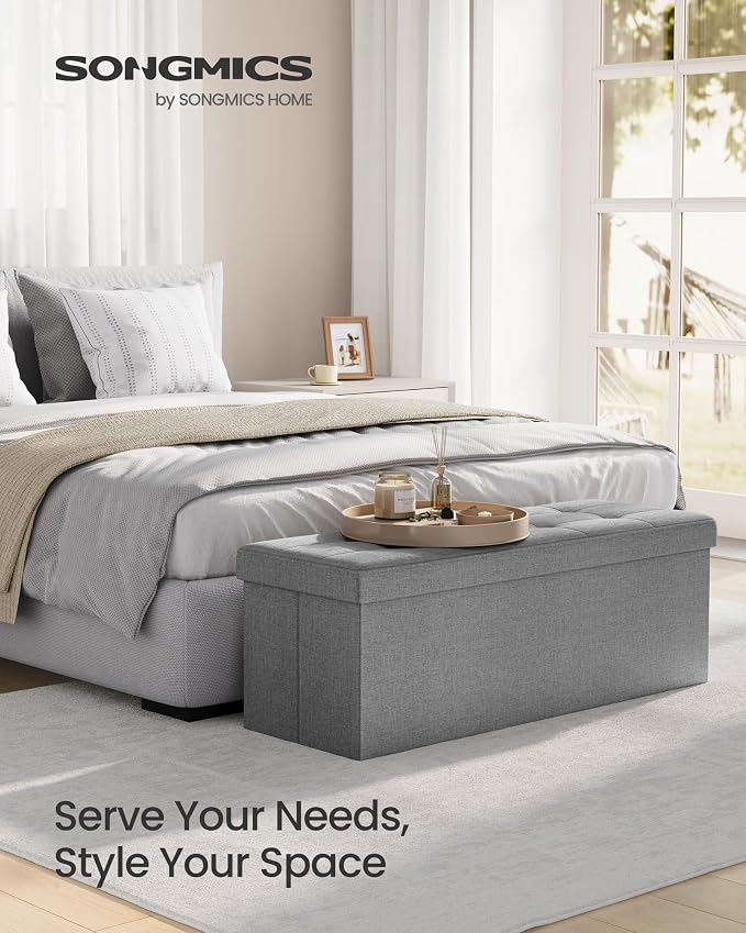 SONGMICS MAZIE Collection - 43 Inches Folding Storage Ottoman Bench, Ottoman Foot Rest, End of Bed Bench, Storage Chest, Load 660 lb, for Living Room, Bedroom, Entryway, Light Gray ULSF77G - Image 4