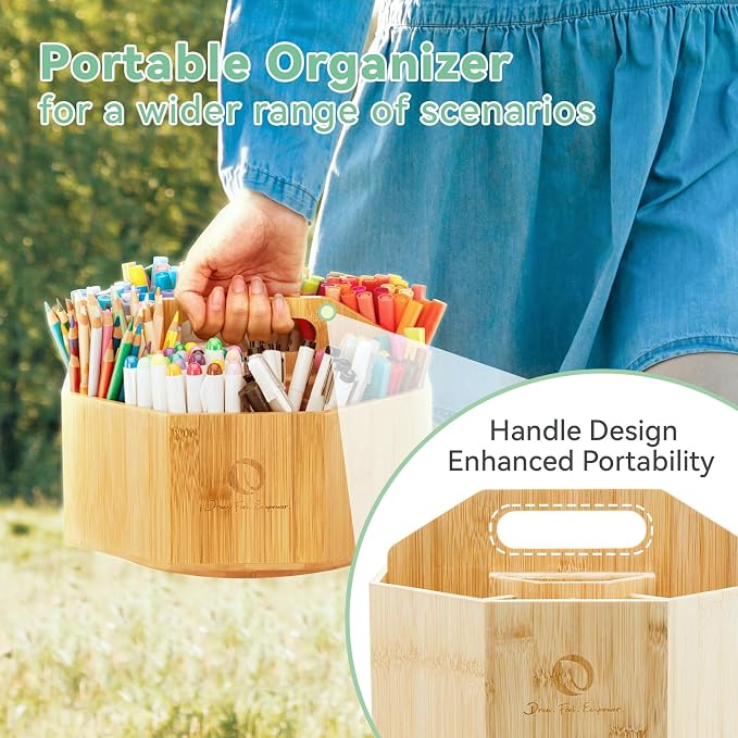 Ohuhu 360° Rotating Marker Organizer Holds 162 Honolulu & B Oahu Markers | 360-Degree Rotating Bamboo Desktop Storage Markers Pens Pencil Holder with 10 Compartments for Home Classroom Office Decor - Image 3