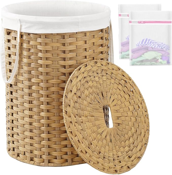 SETVSON Laundry Basket with Lid Round 29.1 Gal PE Rattan, Natural | Family Clothes & Blanket Trunk with Lid, Removable Liner Bag with Handles, 2 Mesh Wash Bags, Collapsible Steel Frame by SETVSON