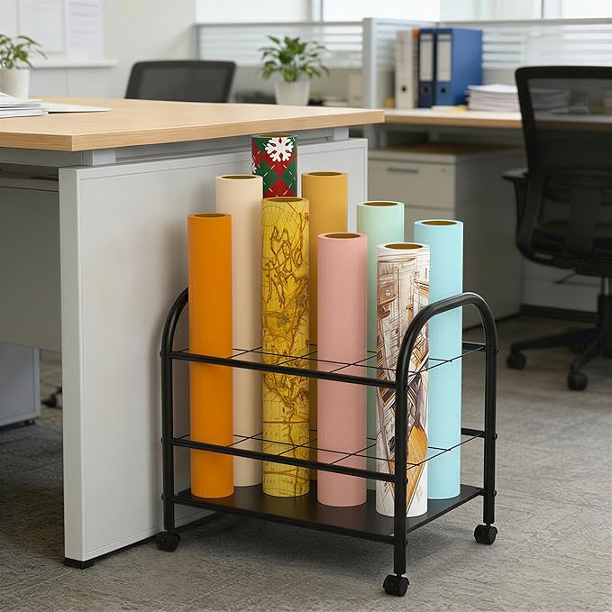 Blueprint Storage Holder with Wheels – 12-Slot Metal Roll File Rack with Silent Casters & Brakes for Blueprints, Wrapping Paper, Posters, Maps – Mobile File Cart for Office & Home (Black) by Yutrchey