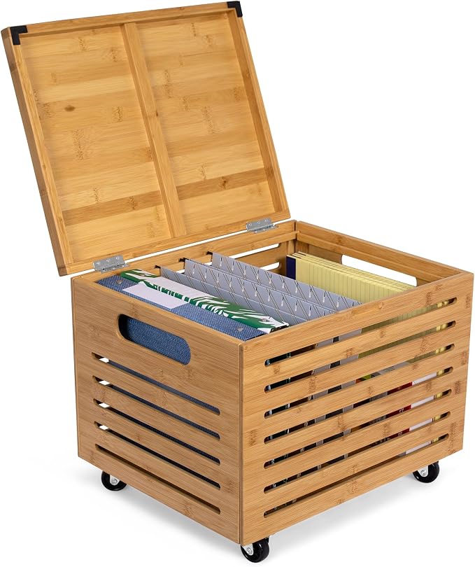 BIRDROCK HOME Bamboo Rolling File Storage Organizer Box with Lid - Decorative File Cabinet on Wheels, Portable File Box on Wheels, Mobile Filing Solution - Natural | Decorative Bamboo Hanging File Box with Lid and Wheels, Small Filing Cabinet Under Des... by BIRDROCKHOME