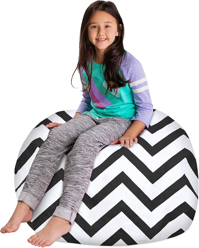 Posh Creations Kids Stuffed Animal Storage Bean Bag Chair Cover - Childrens Toy Organizer, Large-38in, Canvas Chevron Black and White - Image 4