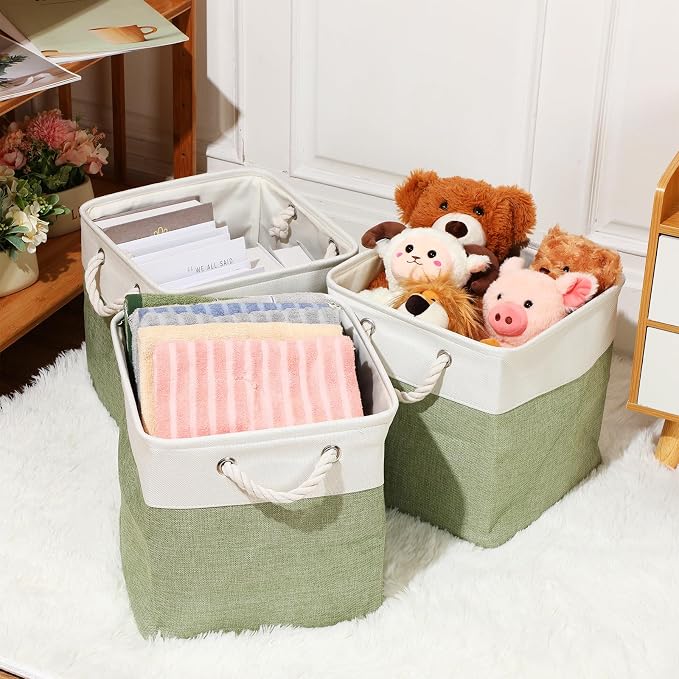 meekoo 8 Pack Collapsible Storage Bins Fabric Storage Bins Polyester Fabric Baskets with Handles Linen Closet Organizer for Shelf Home Closet Towels Toys(12 x 12 x 12 in,Green White) - Image 5