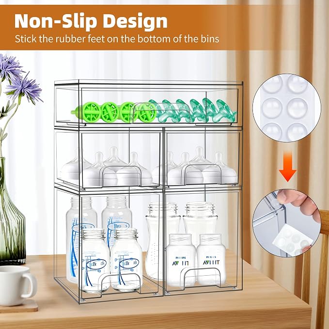 Baby Bottle Organizer, 5 Pack Stackable Storage Drawers with Labels, Clear Station Organizers Container for Pacifiers, Pump Parts, Desk Organizer Bins for Bathroom, Cabinet, Pantry, Vanity, Countertop - Image 6