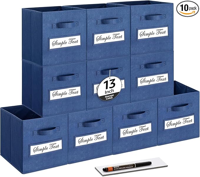 13x13x13 storage cube bins (Set of 10) Fabric storage cubes with 10 Labels Window Cards & a Pen, storage cubes 13x13, Collapsible 13 inch cube storage bins, Cubby Organizer Boxes, Navy Blue by Artsdi