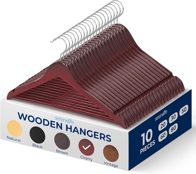 SereneLife 10-Pack Wooden Coat Hangers – Durable Suit Hangers with 360° Swivel Hook & Notches – Slim Design for Sweater, Shirts, Jackets, Dresses, and More by SereneLife