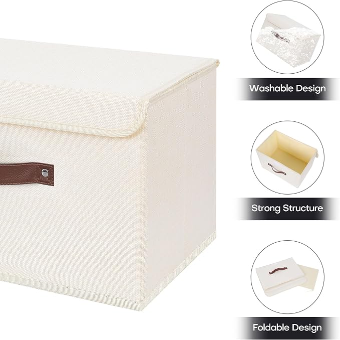ANMINY Fabric Storage Box Bins with Lids, Beige, 13"x9"x7.9", 4 Pack | Keepsake Memory Storage, Cotton Linen, PP Board Reinforced, Washable, PU Handles, Foldable & Stackable, Decorative, Medium - Image 3