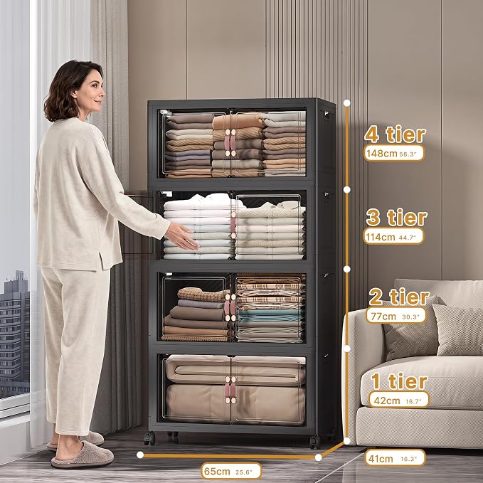 Stackable Storage Bins with Lids, 480QT Lockable Storage Cabinet | Folding Storage Box with Doors and Wheels, Collapsible Plastic Drawers for Home, Garage, Office - Image 2