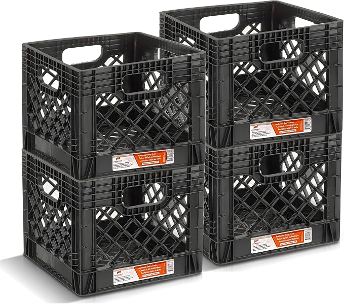 Juggernaut Storage Heavy Duty Milk Crates, 4 Handles, 16 Qt, Black, 4-Pack | Stackable HDPE Construction, Holds Up to 50 lbs, Vented Cross-Hatch Design, 13 x 13 x 11 In, for Office, Classroom & Home - Image 6