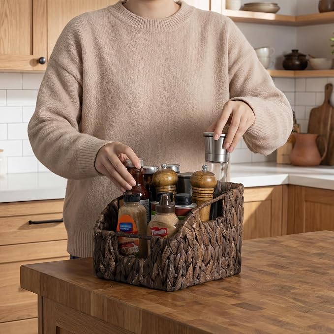 StorageWorks Pantry Baskets for Organizing, Handwoven Brown Baskets, 2-Pack | Water Hyacinth Pantry Baskets for Organizing, Wicker Baskets with Handles, Handwoven Wicker Storage Baskets for Shelves - Image 6