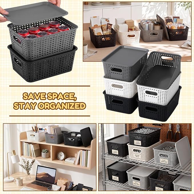 12 Pack Plastic Storage Baskets with Lids Stackable Organizing Bins Storage Baskets Organizers and Containers for Closet, Pantry, Office, 10.2 x 7.2 x 4.1 Inches(Classic Color) - Image 7