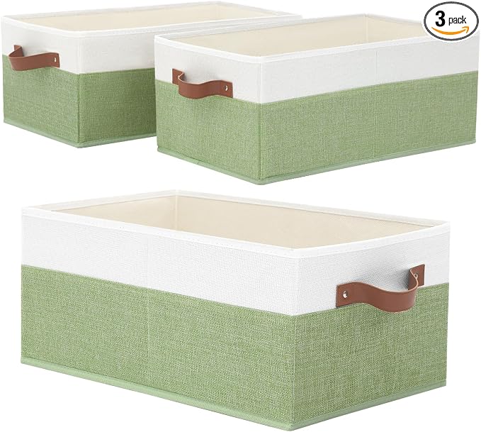 3 Pack Large Capacity Storage Bins Closet Organizer for Shelves | Fabric Closet Storage Baskets Boxes with Leather Handles for Organizing Clothes, Sheets, Jeans, Toys, Books (Green) by Unknown