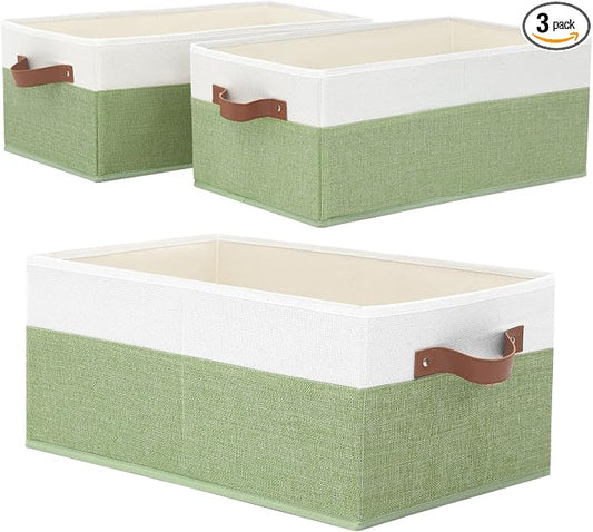 3 Pack Large Capacity Storage Bins Closet Organizer for Shelves | Fabric Closet Storage Baskets Boxes with Leather Handles for Organizing Clothes, Sheets, Jeans, Toys, Books (Green) by Unknown