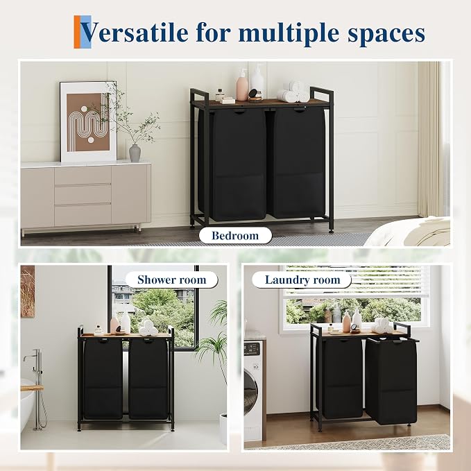 Garvee 97L Laundry Basket 2 Section, Laundry Hamper with Shelf & 2 Removable Bags, Dirty Clothes Basket Organizer for Bathroom Bedroom Room Organization, 2 x 12.8 Gal (48.5L), Rustic Brown + Black | Laundry Basket with Shelf & 2 Removable Bags, Dirty C... - Image 4