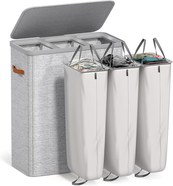 Sorbus Laundry Hamper with Lid - Collapsible 3-Compartment Fabric Laundry Basket with Handles and Removable Laundry Bag – 50 Gallon (190 L) Dirty Clothes Hamper for Bedroom, bathroom and dorm (Gray) by Sorbus