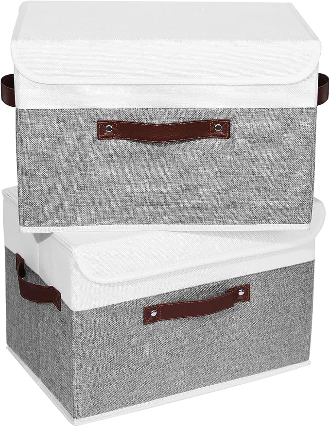 ANMINY Fabric Storage Box Bins with Lids, Gray White, 15"x10"x10", 2 Pack | Keepsake Memory Storage, Cotton Linen, PP Board Reinforced, Washable, PU Handles, Foldable & Stackable, Decorative, Large - Image 2