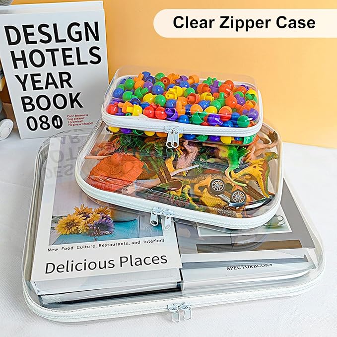 3PCS Clear Hard Shell Zipper Case 13.8 * 11.8 * 2 IN (White) | Transparent shell for easy item access. Works as cosmetic bag, toy pouch, diaper organizer and pencil case. - Image 2