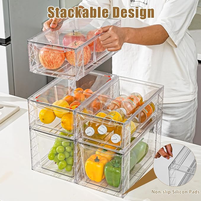 6Pack Pantry Organizers and Storage,Clear Stackable Kitchen Storage Organizer,Foods Organizer Bins with Handles, Easily Assemble for Bathroom, Kitchen, Refrigerator, Pantry, Cabinet, Closet - Image 2