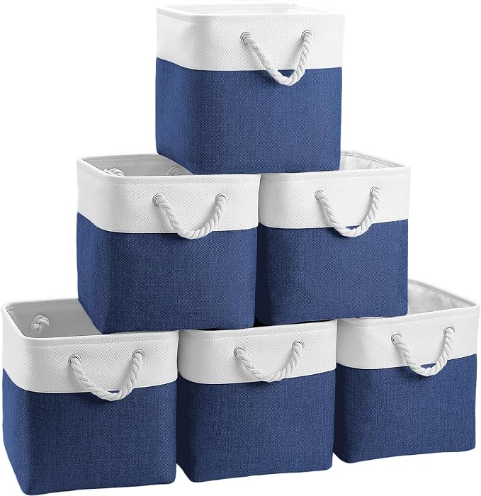 FinishingBo 11 inch Cube Storage Bin with Handles 6 Pack | Foldable Basket, Fabric Storage Bins, Closet Storage, Home Organizer (White/Navy Blue) by SimplifySpaceSimplifyLife