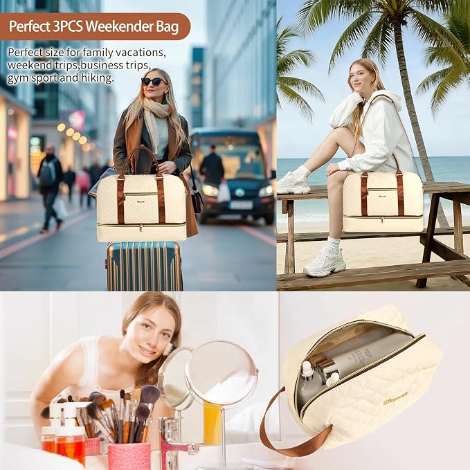 3PCS Weekender Bags for Women Large Overnight Bag, Beige | Weekender Travel Duffel Bags Carry on Shoulder with Shoe Compartment Toiletry Bag Satchel Bag for Travelling Business Gym - Image 5