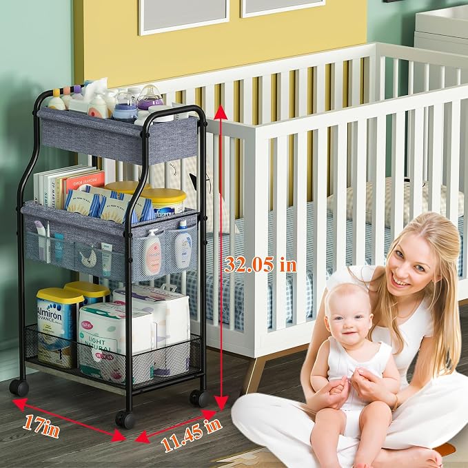 3-Tier Baby Diaper Caddy Organizer and Storage Cart, Mobile Metal Utility Cart with Rolling Wheels for Nursery Essentials with 4+2 Dividers, Large Capacity Rolling Cart For Bedroom, Bathroom, Nursery - Image 2
