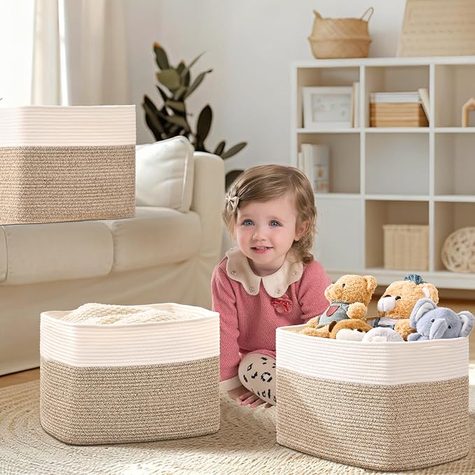 3 Pack Cube Storage Bin, 17”x12”x12” Cotton Rope Woven Baskets for Organizing Toys Clothes Towels, Square Gift Storage Baskets for Shelves, Nursery, Closet, Bathroom, Pantry (White & Jute) - Image 2