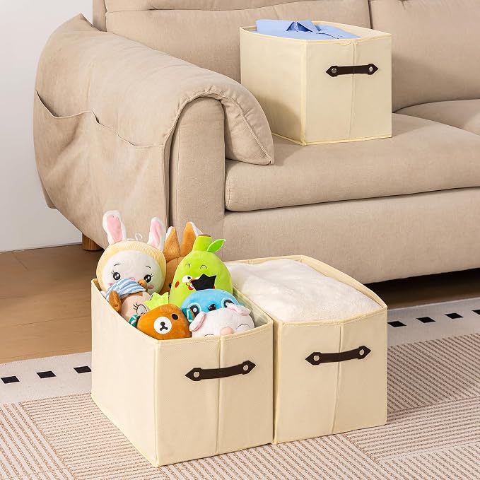 1 Pack Large Collapsible Storage Baskets for Shelves,14.9"x9.5" Fabric Closet storage Boxes with Leather Handles,Decorative Organizers Storage Bins for Clothes,Sheets,Toys,Books,Creamy-White - Image 4