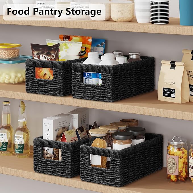 Wicker Storage Basket, Set of 2 Hand Woven Wicker Baskets for Organizing with Handles, Decorative Small Storage Bins for Countertop Toilet Paper Basket for Toilet Tank Top Shelves, Black - Image 5
