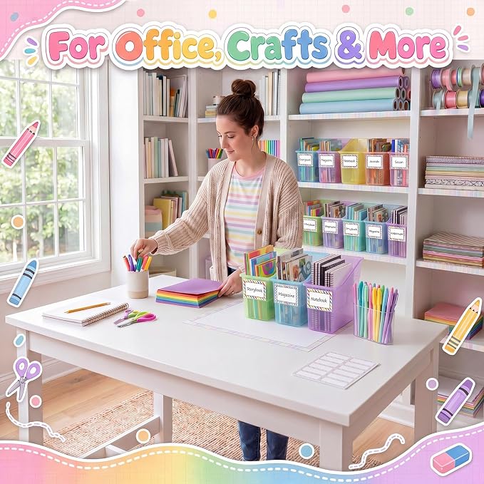 Blosssound 24 Set Book Bins for Classroom Stackable,Translucent Pastel | Plastic Baskets with Labels, Slanted Front, Library Supplies Organizers, Desktop Storage Bins, Teachers Home School Use - Image 7