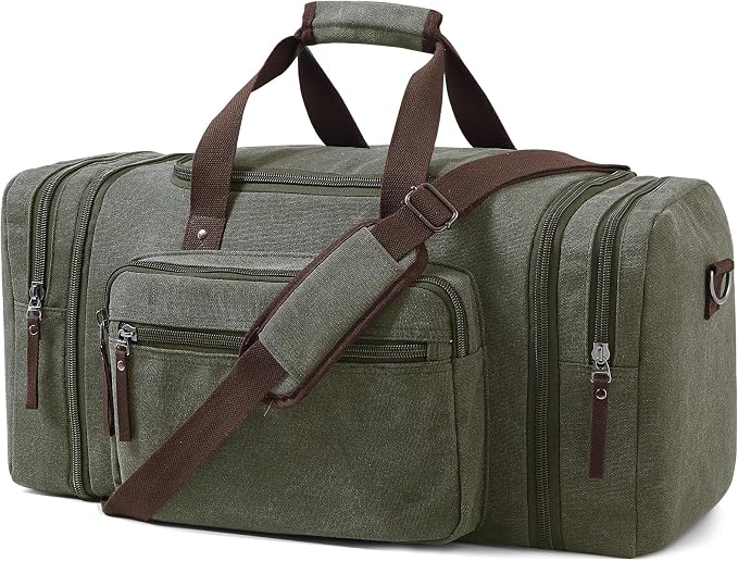 EKOROMIER Large Canvas Duffle Bag for Travel, Expandable 55L Weekender bags | Features Luggage Trolley Sleeve, Multi-Pockets for Traveling, Overnight Airplane Carry-On Bag for Men & Women - Olive by EKOROMIERHOME