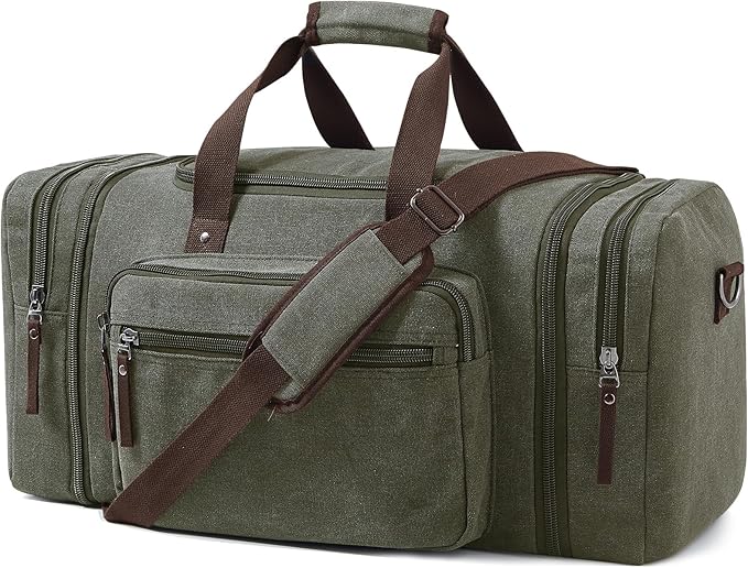 EKOROMIER Large Canvas Duffle Bag for Travel, Expandable 70L Weekender bags | Features Luggage Trolley Sleeve, Multi-Pockets for Traveling, Durable Overnight Carry-On Bag for Men & Women - Olive by EKOROMIERHOME