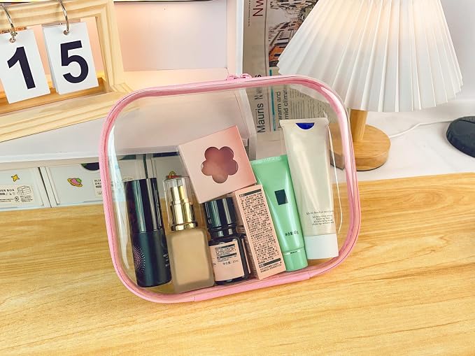 3PCS Clear Hard Shell Zipper Case 13.8 * 11.8 * 2 IN (Pink) | Transparent shell for easy item access. Works as cosmetic bag, toy pouch, diaper organizer and pencil case. - Image 6
