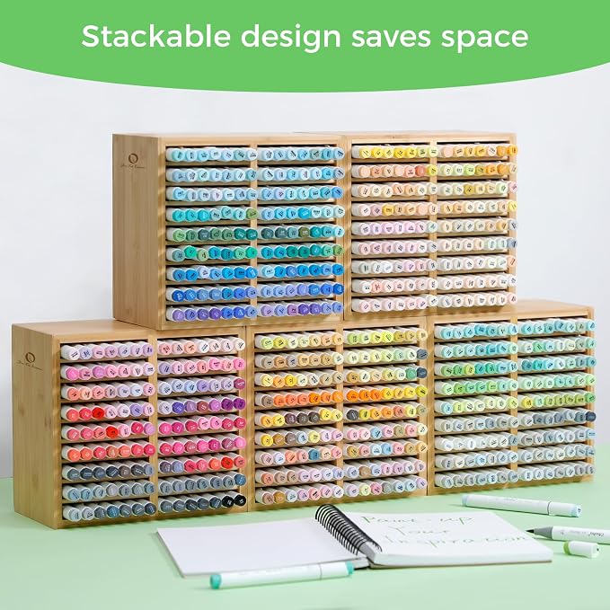 Ohuhu Bamboo Marker Organizer, Wooden Desktop Storage Holds 126 Markers | Markers Pens Pencils Art Brushes Stationary Organizer Pencil Holder with 18 Compartments for Classroom Office Decor Home - Image 9