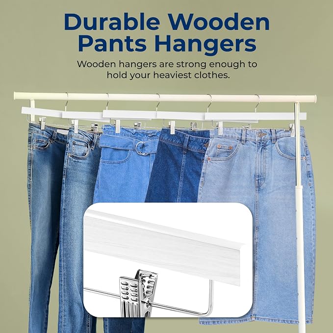 SereneLife Premium Wooden Pants Hangers 10 Pack, Solid 14" Wood Skirt Hangers with 2-Adjustable Clips, Heavy Duty & Anti Slip Wood Bottom Hanger for Slacks, Jeans, Trousers, Shorts (White) - Image 3