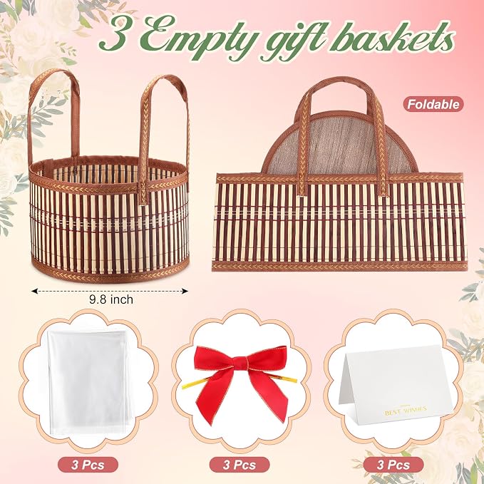 Weysat 3 Set Baskets for Gifts Empty Bulk, Large Woven Bamboo Gift Basket Kit with Handles, Bow, Wrap Bag to Fill for Raffle Thanksgiving Day Wedding Birthdays Party Wrapping (Brown) - Image 2
